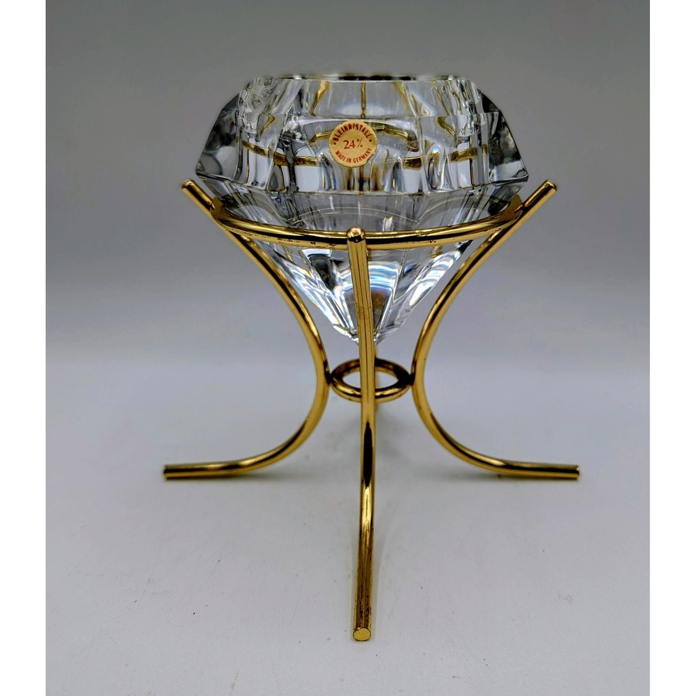 Bleikristall 24% Lead Crystal Diamond Candle Holder Germany Gold Tone Stand - Picture 2 of 16